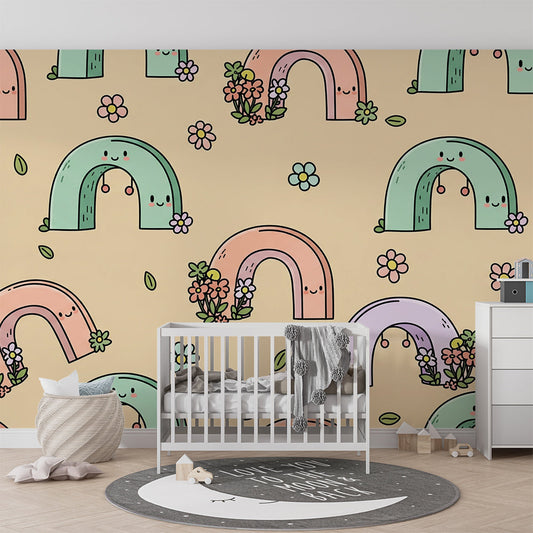 Kids-Mundo rainbow pattern wall mural shown on a feature wall in a cosy kids bedroom
