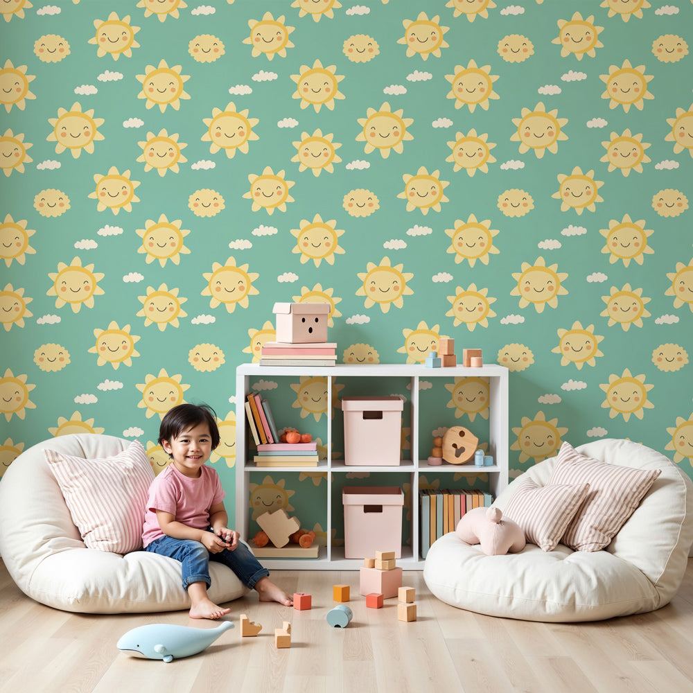 Smiling sun mural wallpaper in bright nursery room with pastel decor by Kids-Mundo