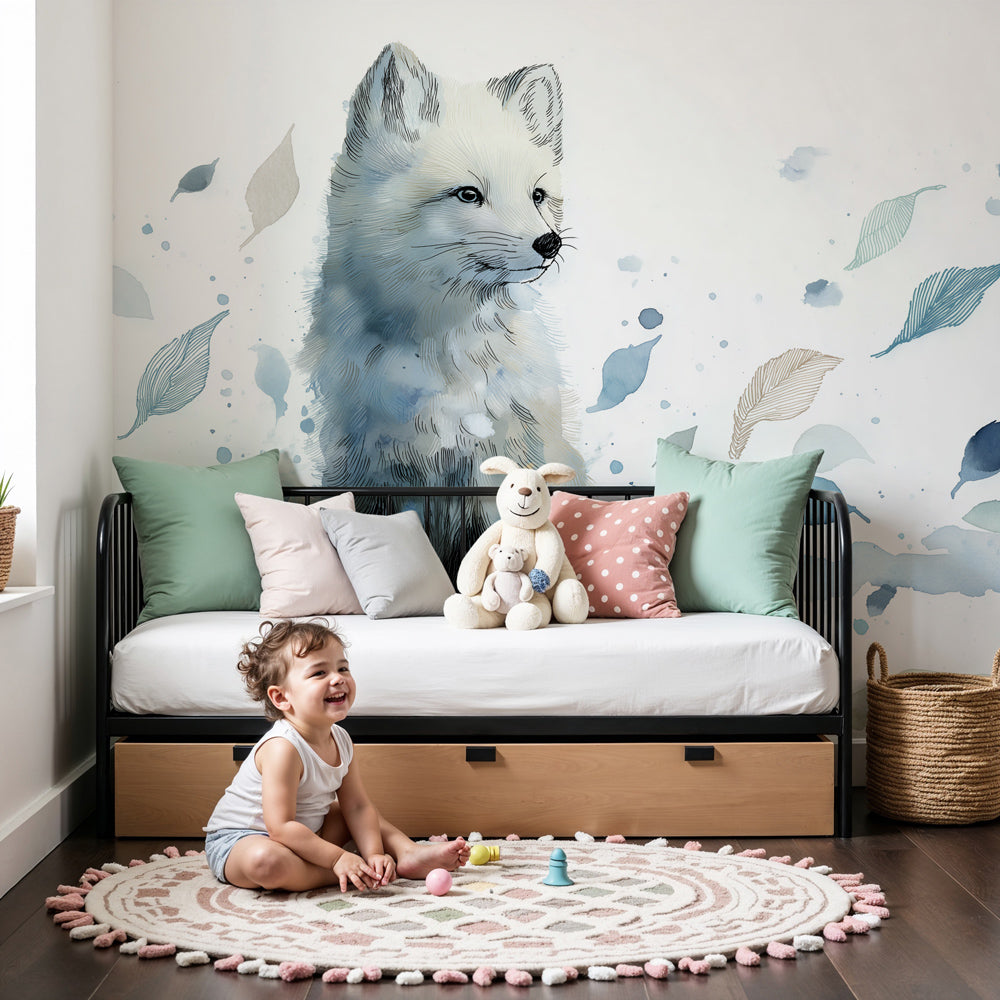 Snow fox mural wallpaper with floating leaves in serene nursery setting by Kids-Mundo