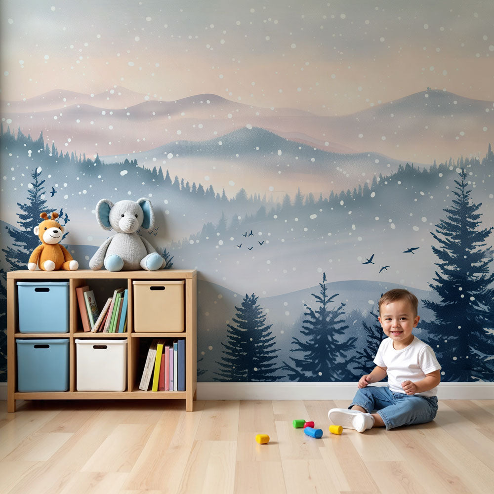 Snowy forest mural wallpaper creating peaceful nursery decor with pastel mountain landscape by Kids-Mundo