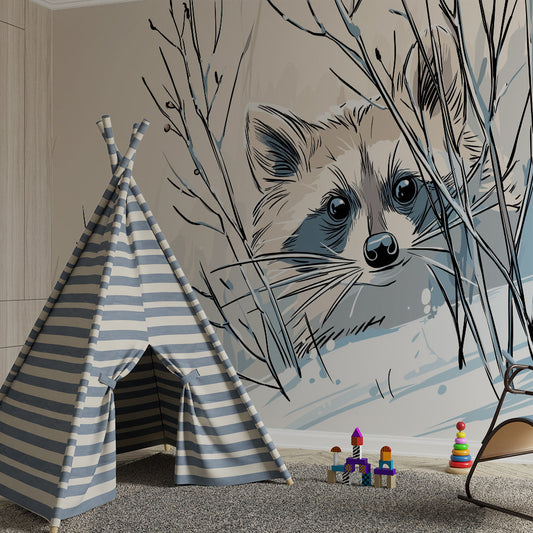 Kids-Mundo winter raccoon wallpaper mural in a cosy kids bedroom setting