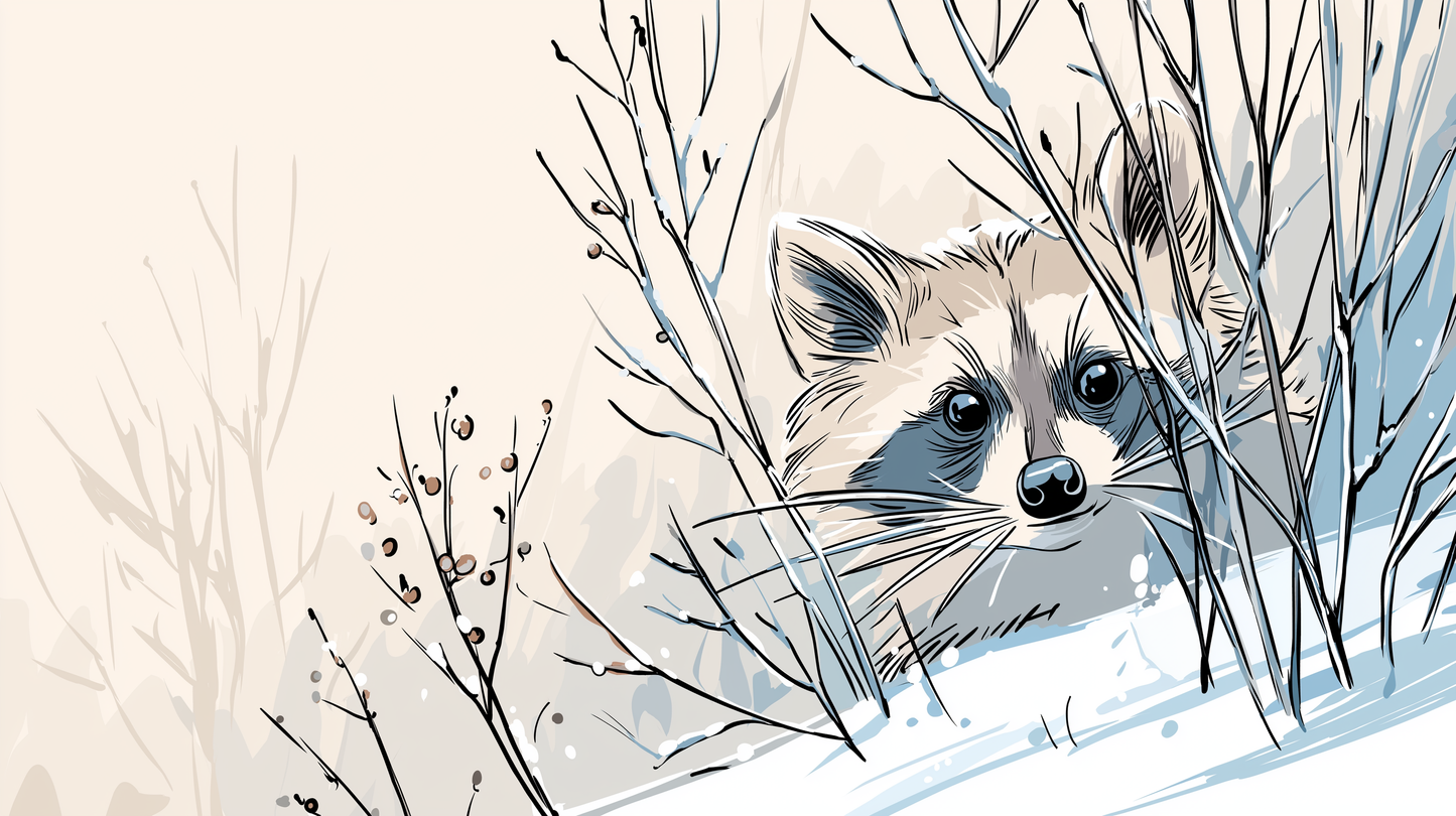 Kids-Mundo flat artwork of a raccoon peeking through snowy winter branches