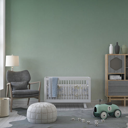 Kids-Mundo green ombre gradient wall mural styled in a soft, minimal kids bedroom