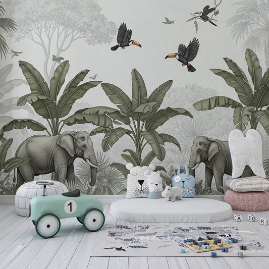 Kids-Mundo muted elephant and toucan mural shown on a kids bedroom wall