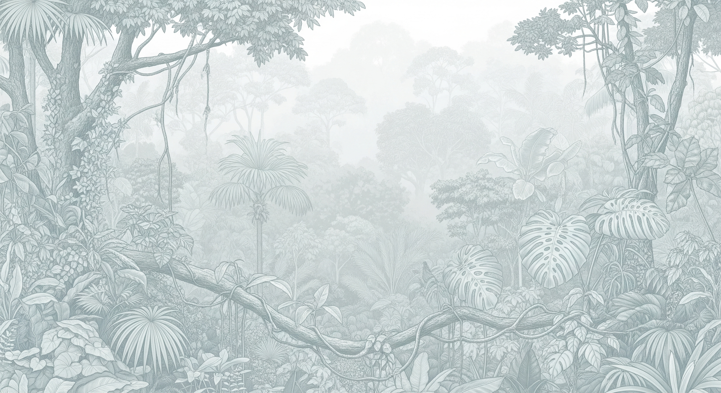 Kids-Mundo soft jungle artwork with pale trailing vines and faded monstera leaves