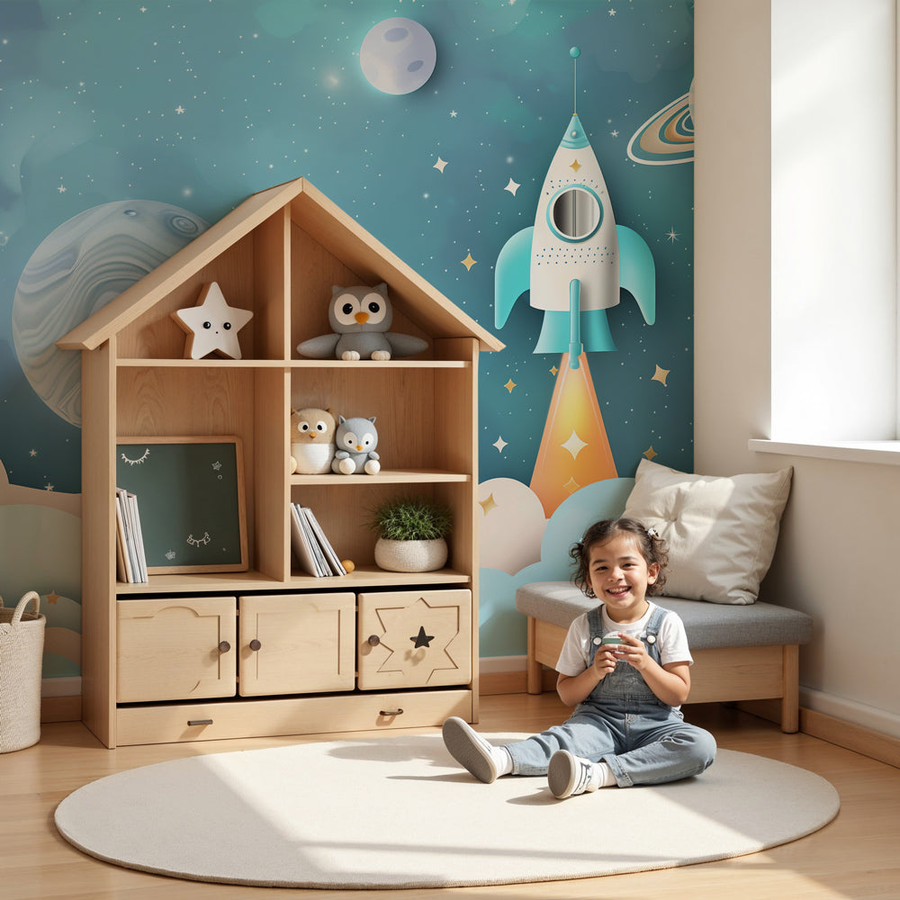Space adventure mural wallpaper with rockets and planets in modern kids bedroom by Kids-Mundo