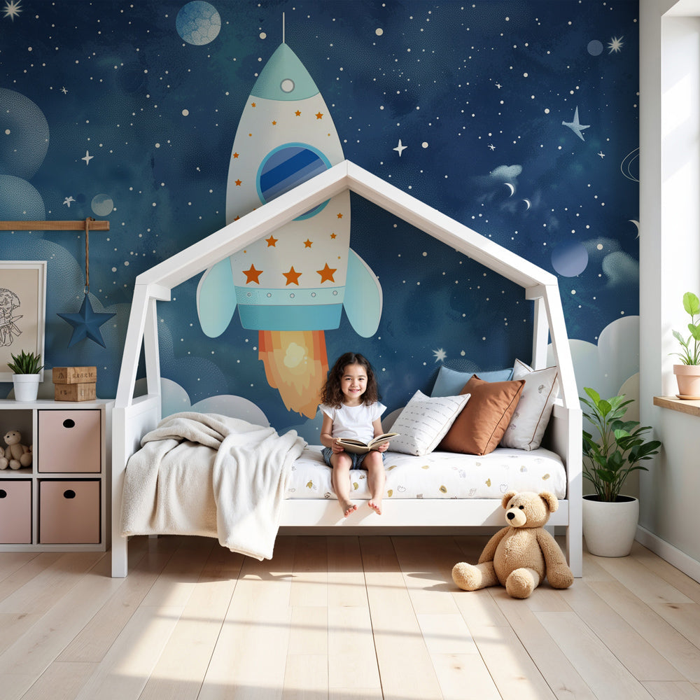 Space adventure mural wallpaper with colorful rockets in modern kids bedroom by Kids-Mundo