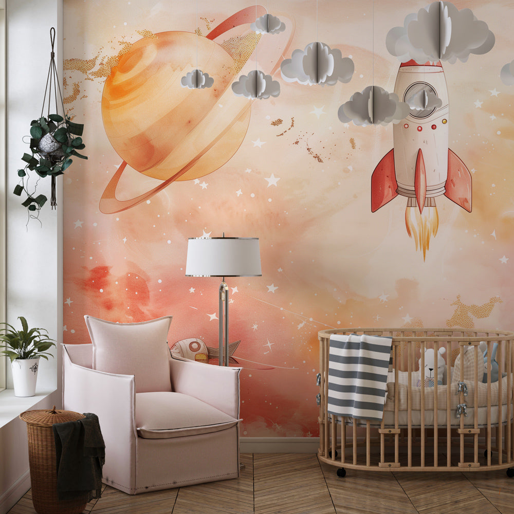 Multicolored space wallpaper creating cosmic children's bedroom decor with dreamy cloud patterns