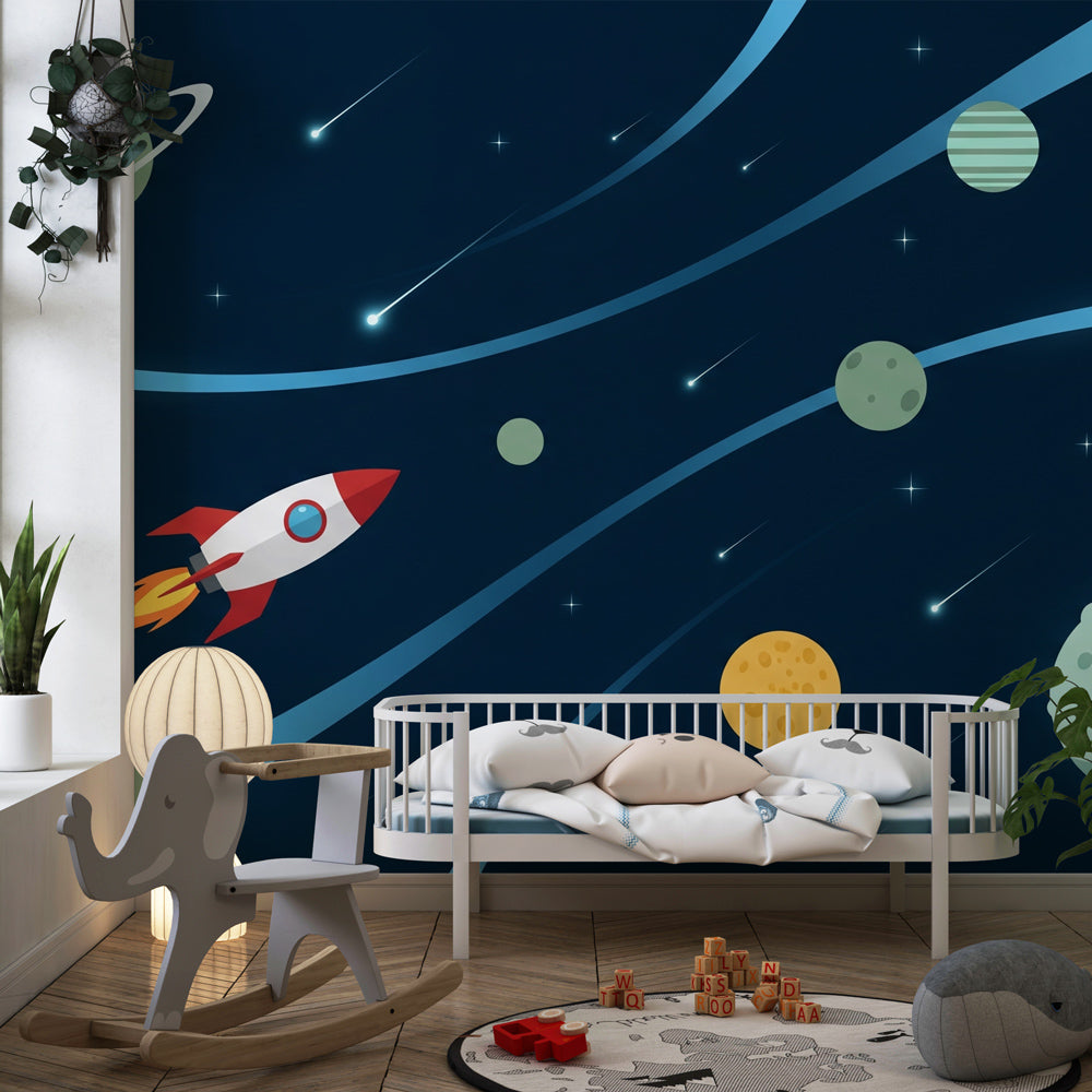 Astronaut rocket mural wallpaper creating cosmic atmosphere in children's bedroom