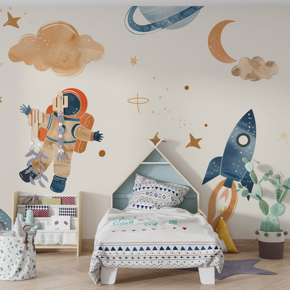 Soft beige space themed mural wallpaper creating calming children's bedroom atmosphere