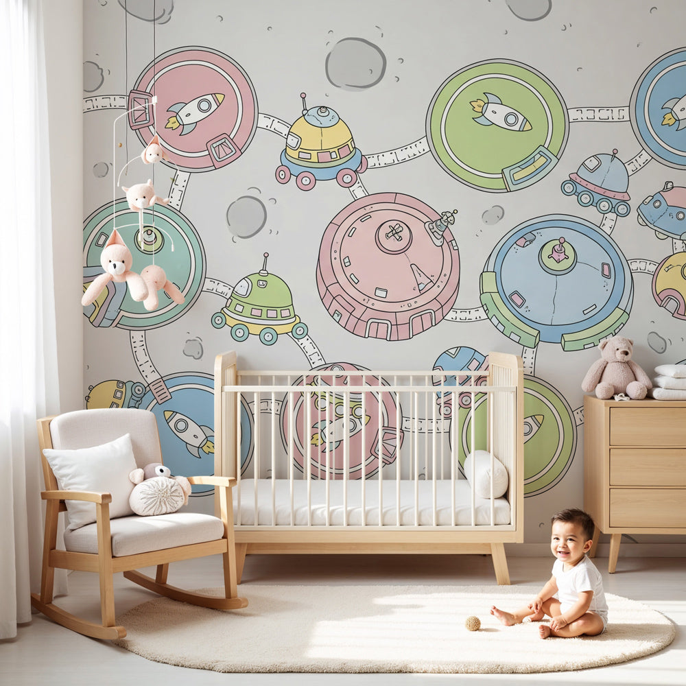 Space adventure mural wallpaper featuring moon platforms and rockets in modern nursery by Kids-Mundo