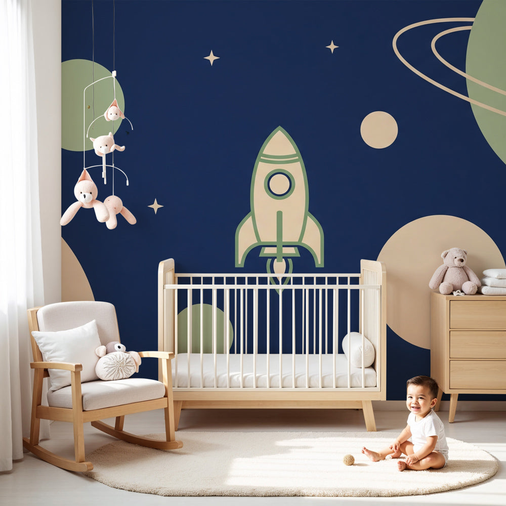 Space adventure mural wallpaper with rocket and planets in modern nursery by Kids-Mundo