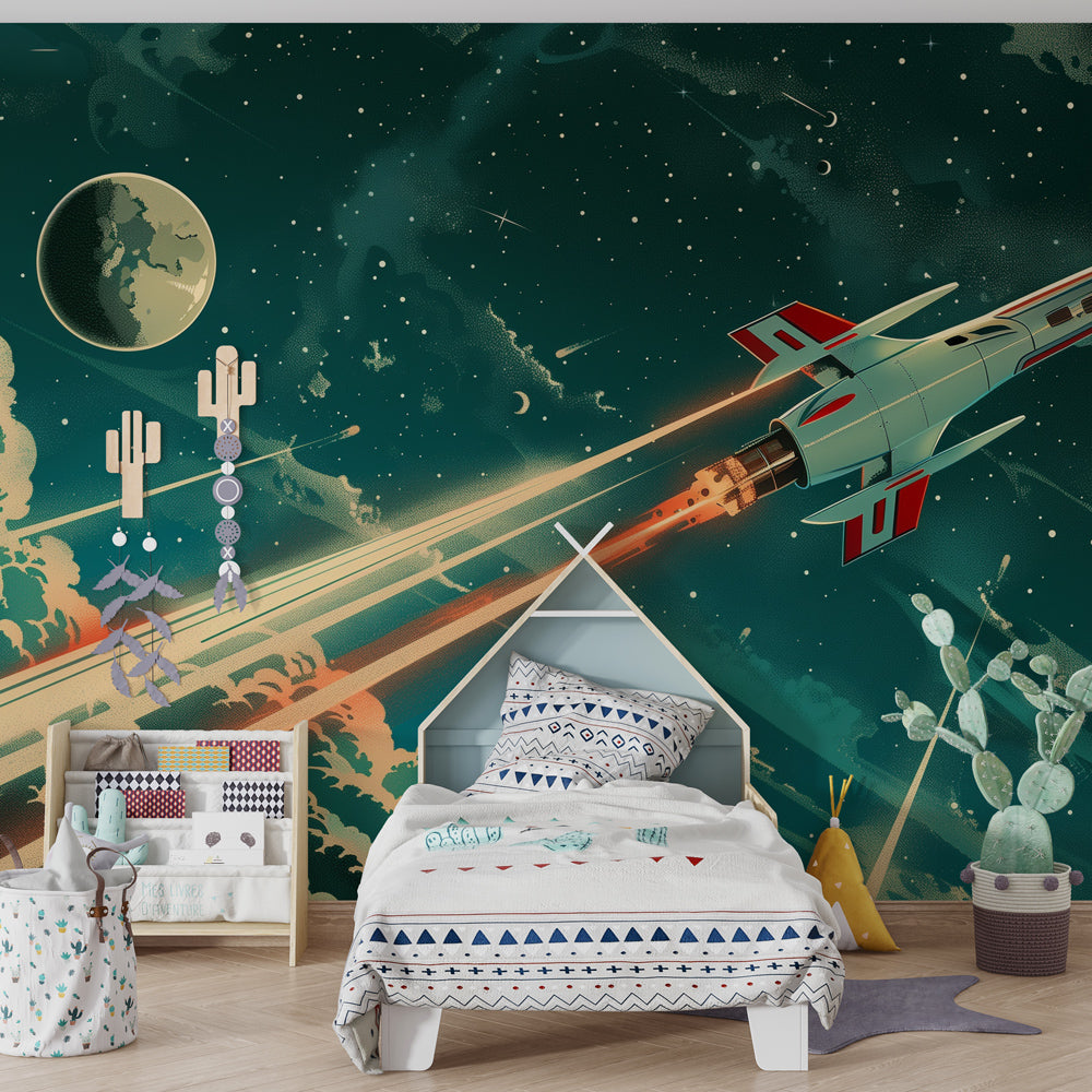 Colorful space themed mural wallpaper creating cosmic nursery decor with rockets and stars