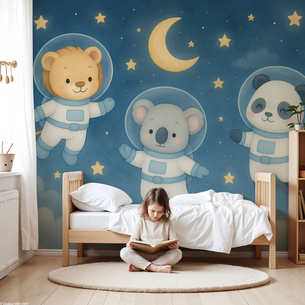 Space animal astronaut mural wallpaper in modern nursery with cosmic theme by Kids-Mundo