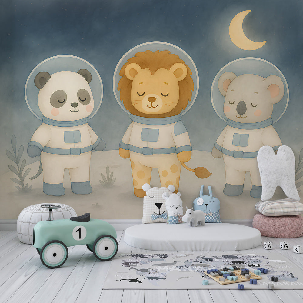 Astronaut animals wallpaper creating cosmic adventure theme in children's bedroom