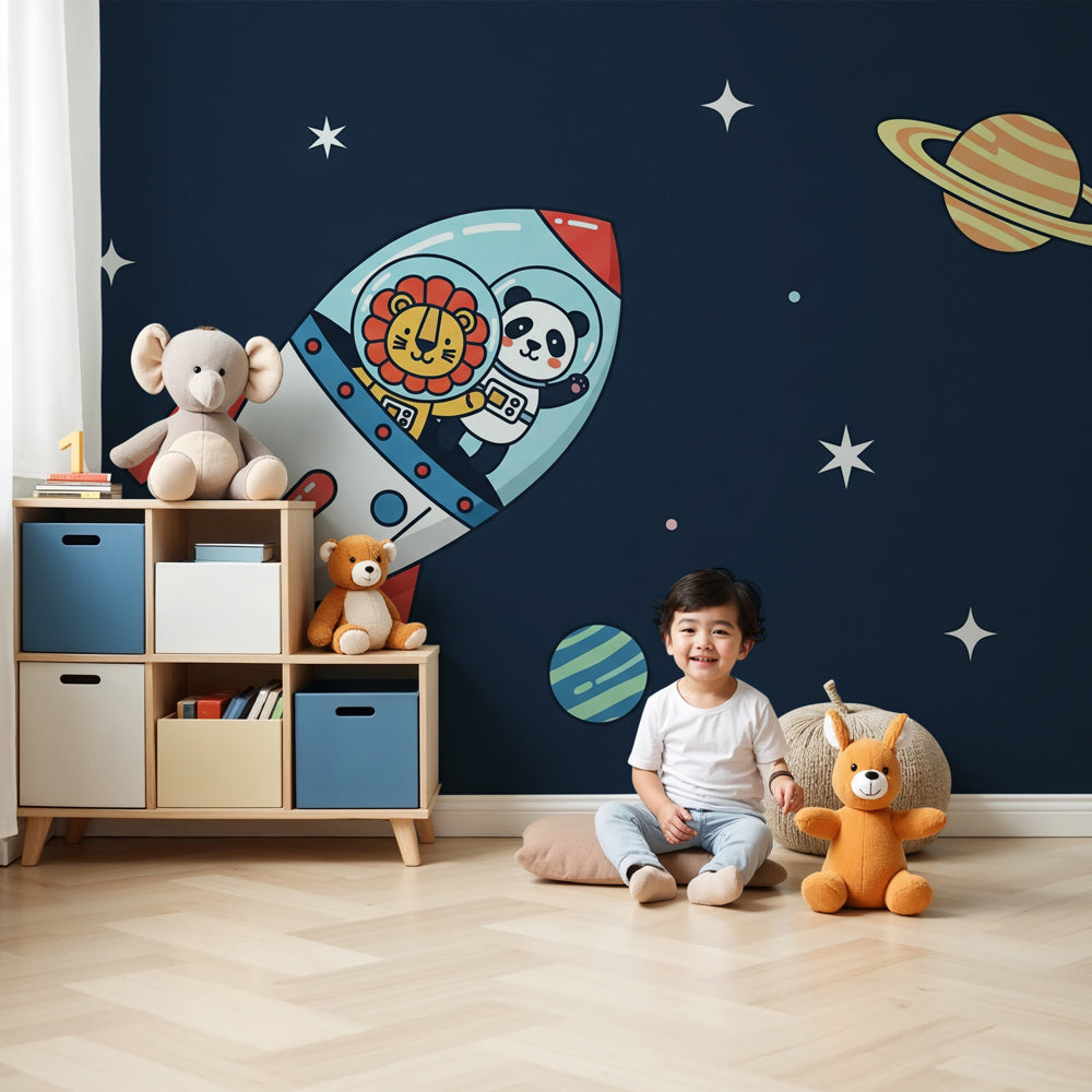 Space animals astronaut mural wallpaper creating cosmic adventure atmosphere in modern nursery by Kids-Mundo