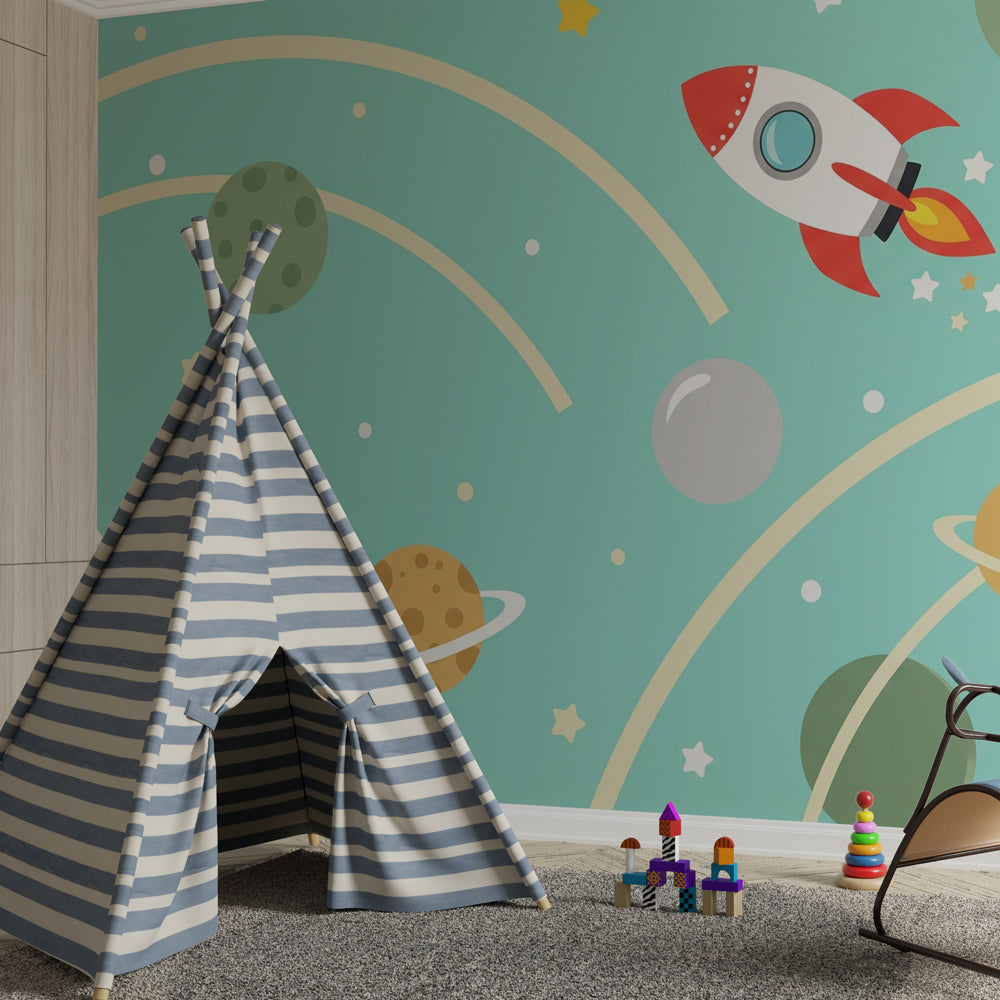 Galaxy adventure wallpaper creating magical space-themed kids bedroom decor with planets and stars