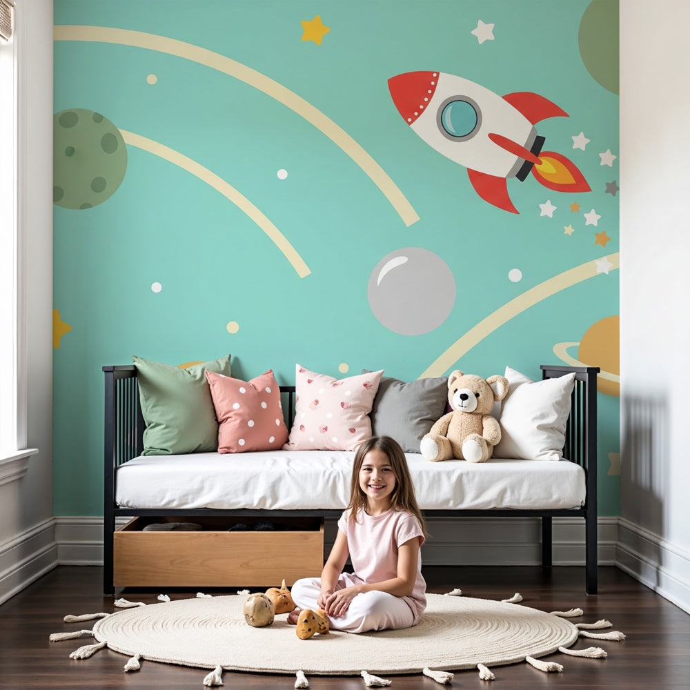 Space astronaut mural wallpaper in modern nursery with cosmic galaxy theme by Kids-Mundo