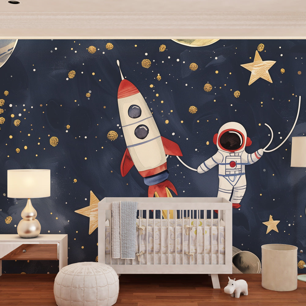 Blue space-themed wallpaper with rockets and astronauts in peaceful nursery setting