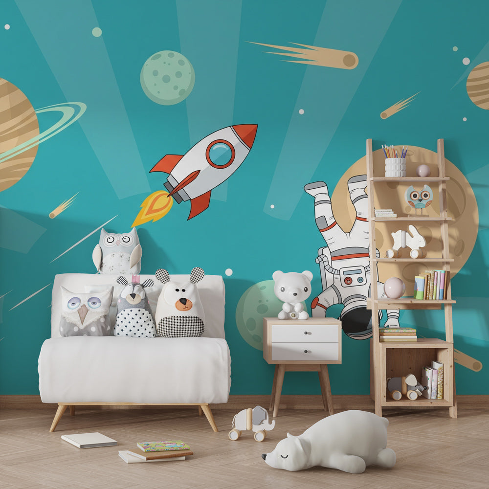 Cosmic astronaut wallpaper with planets and rockets transforming nursery into space station by Kids-Mundo