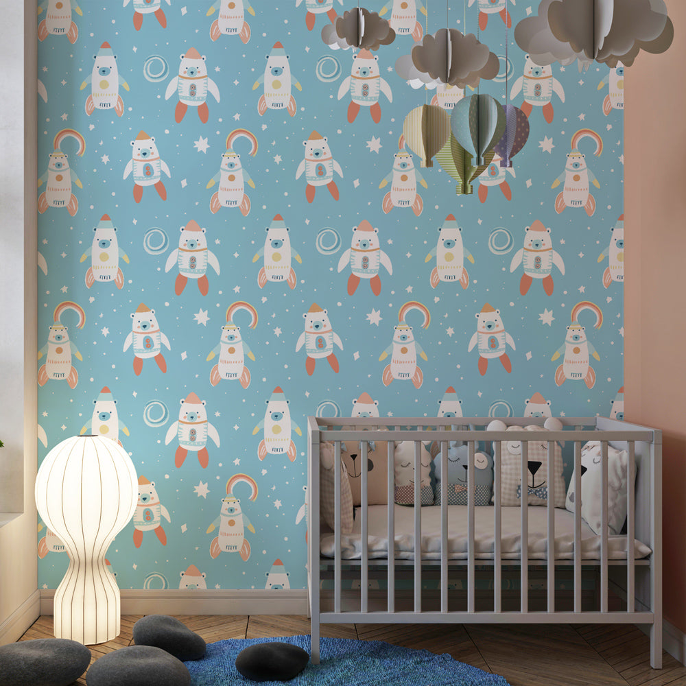 Blue astronaut bear wallpaper creating magical space-themed children's bedroom atmosphere
