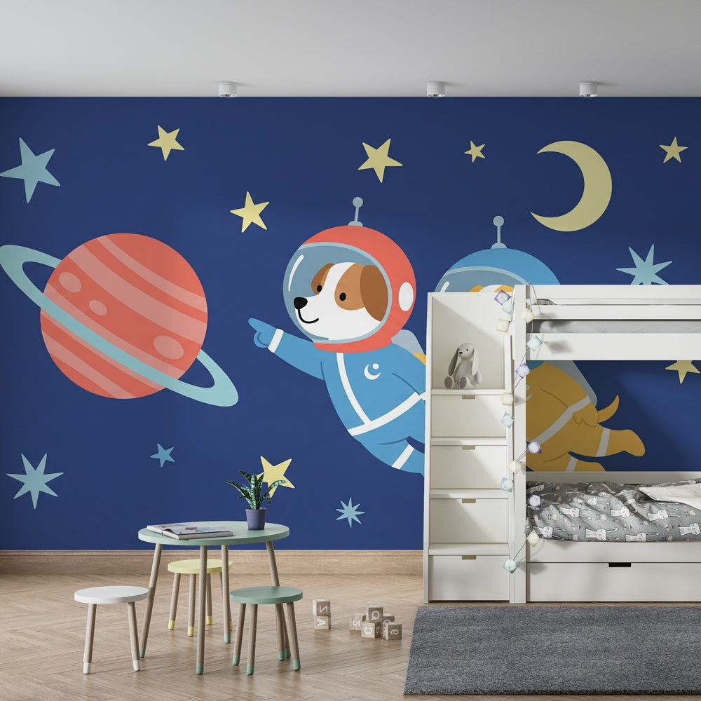Astronaut dog space wallpaper creating cosmic adventure theme in children's bedroom