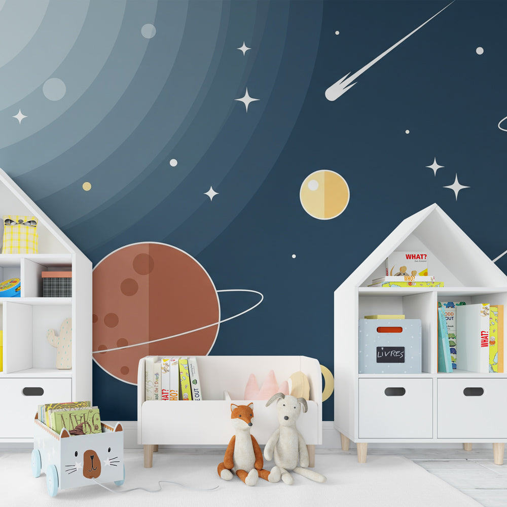 Cosmic planets and shooting stars mural wallpaper transforming kids bedroom into space observatory