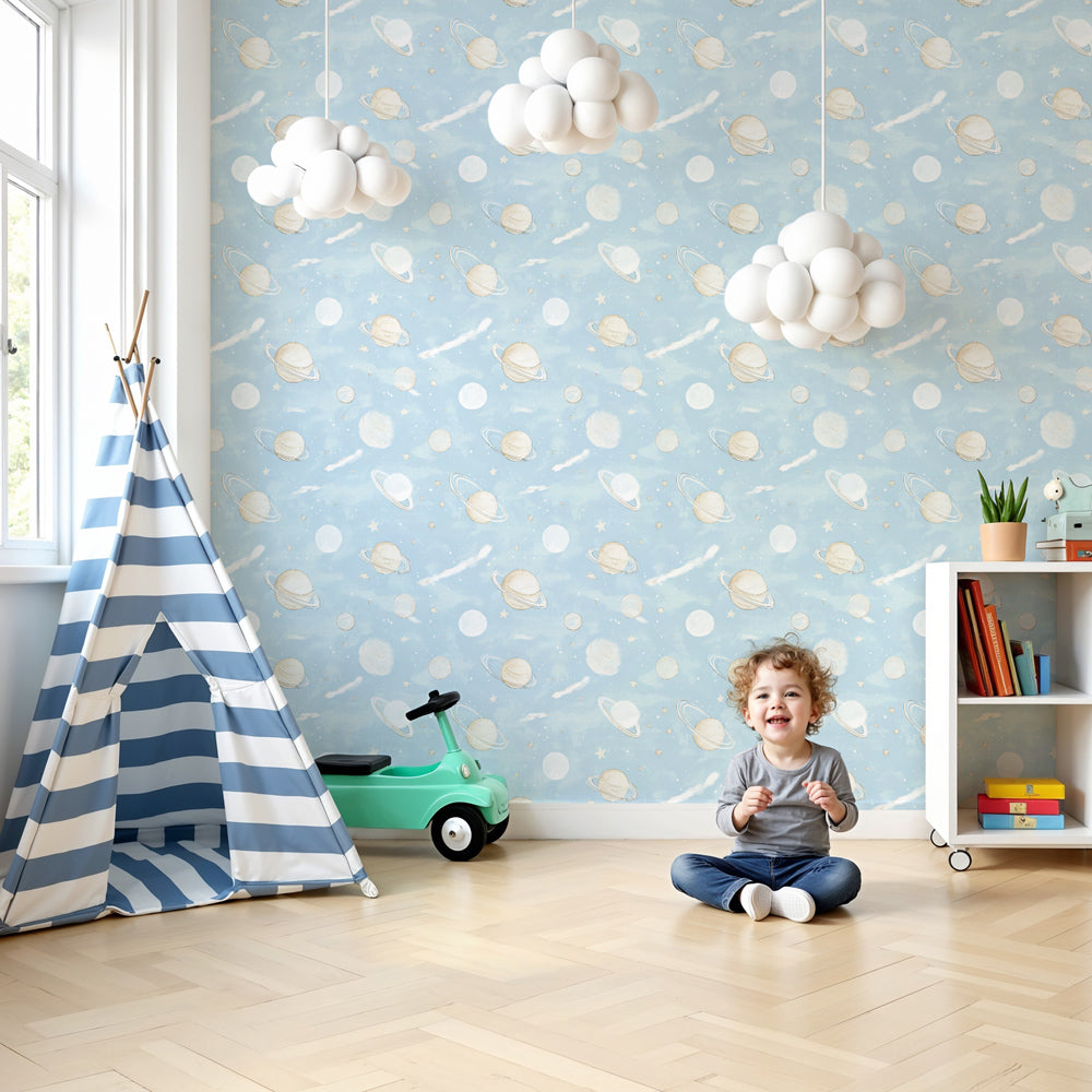 Space galaxy mural wallpaper with planets and stars in modern nursery by Kids-Mundo