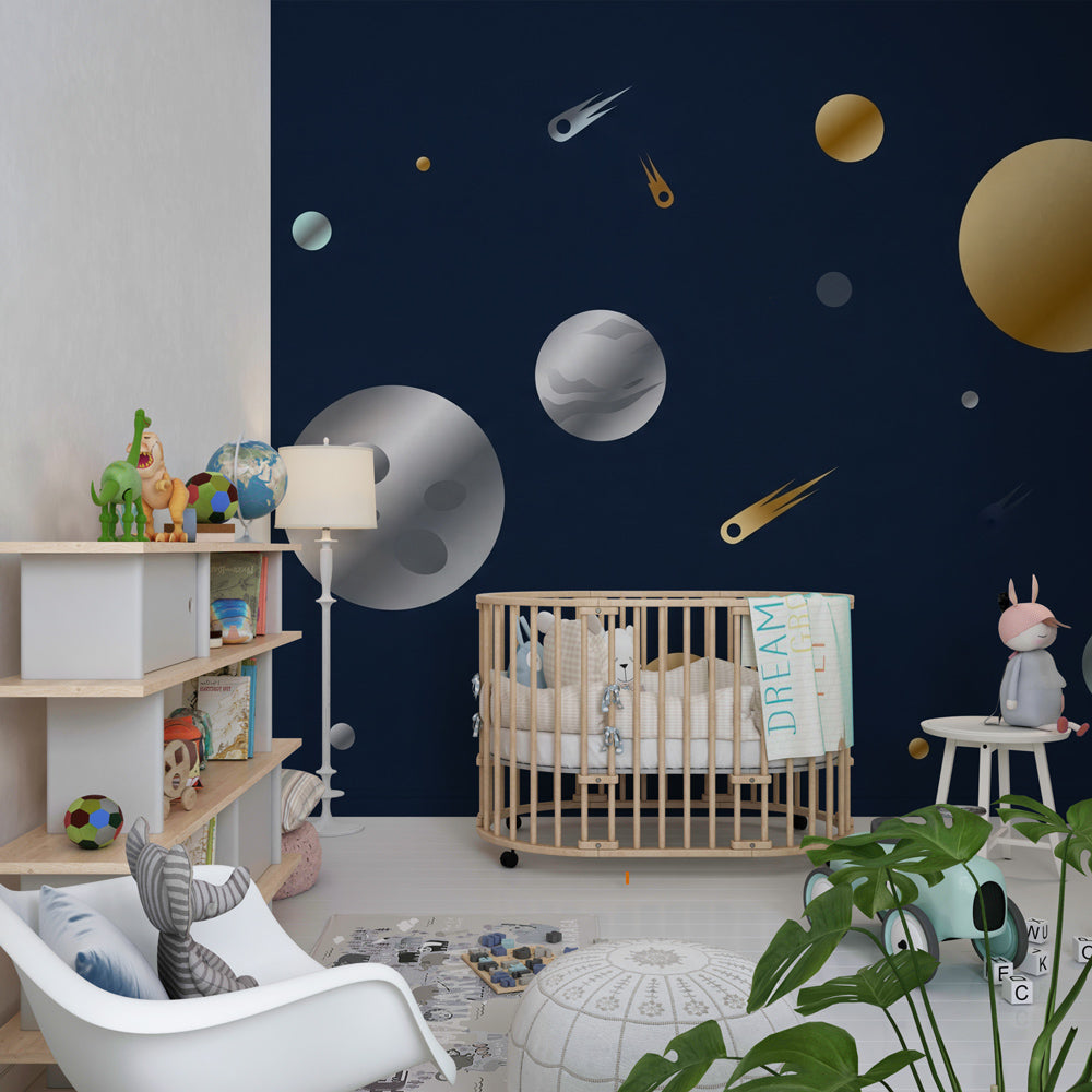 Intergalactic adventure mural wallpaper creating cosmic nursery decor with blue and gold tones