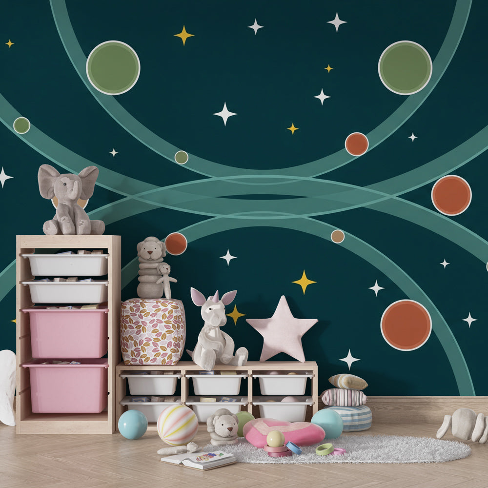 Intergalactic adventure wallpaper creating cosmic atmosphere in children's nursery room