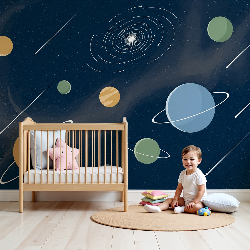 Space galaxy mural wallpaper with colorful planets creating magical nursery decor by Kids-Mundo