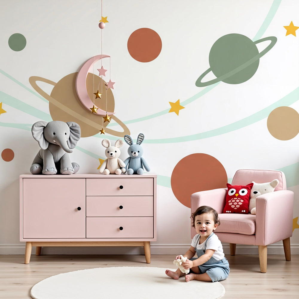 Space planet mural wallpaper creating magical interstellar nursery decor by Kids-Mundo