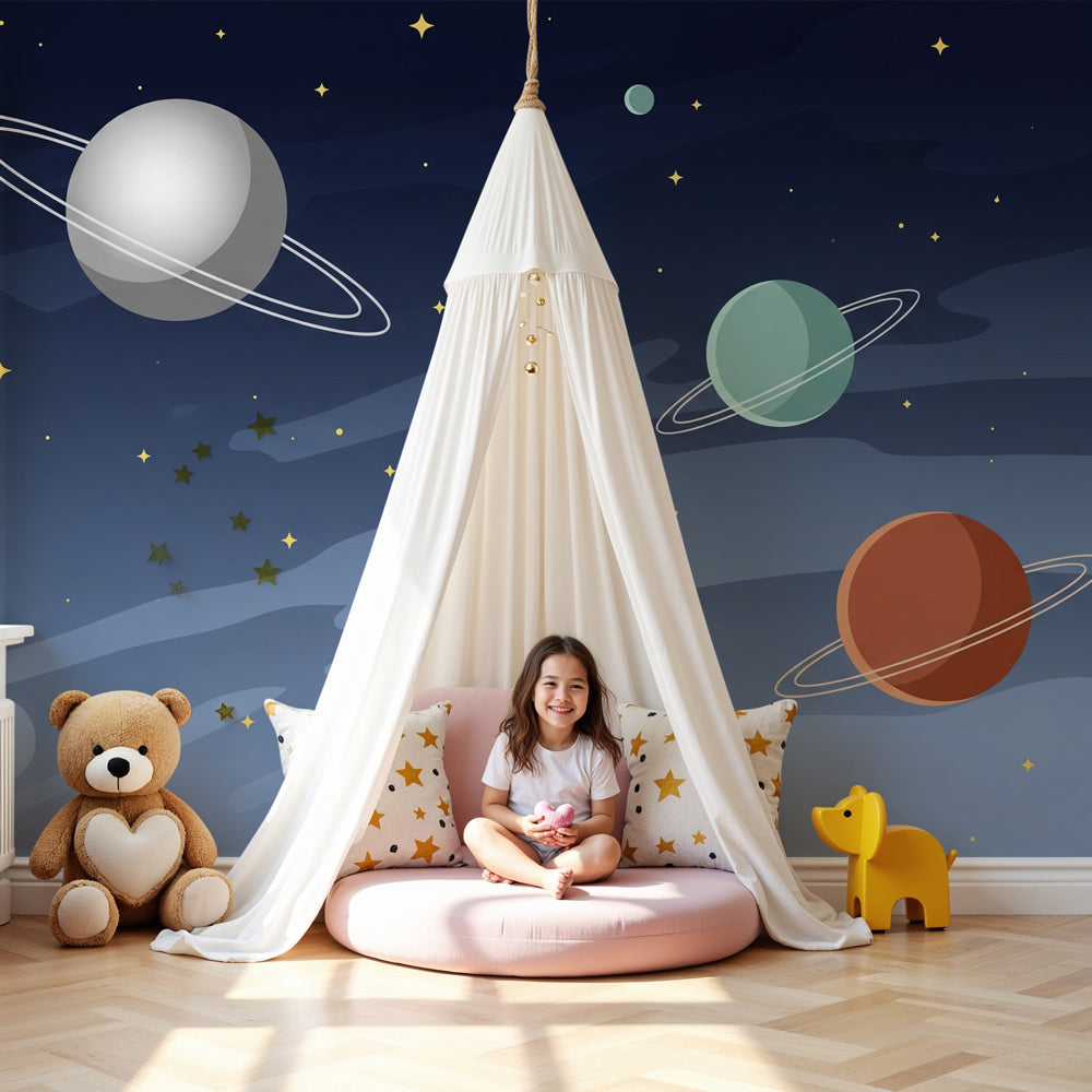 Space planets mural wallpaper creating cosmic atmosphere in modern kids bedroom by Kids-Mundo