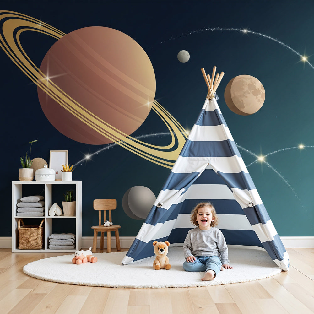 Space planets mural wallpaper with Saturn rings in modern kids bedroom by Kids-Mundo