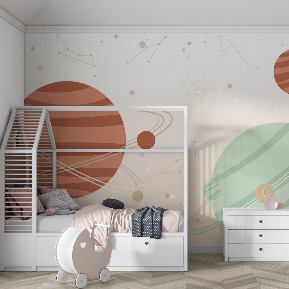Colorful cosmos mural wallpaper in modern kids bedroom with space theme decor by Kids-Mundo