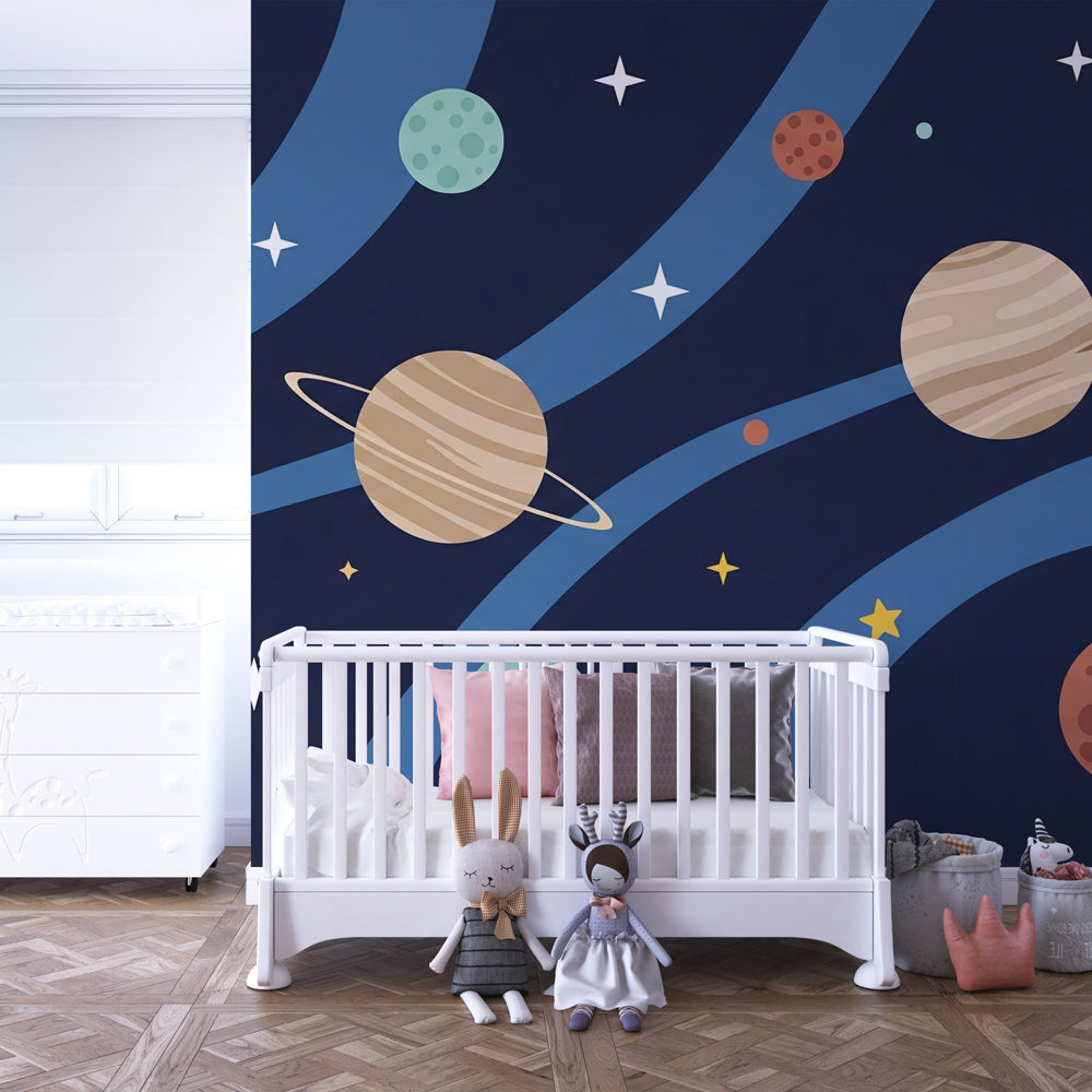 Intergalactic adventure mural wallpaper transforming kids bedroom into space wonderland