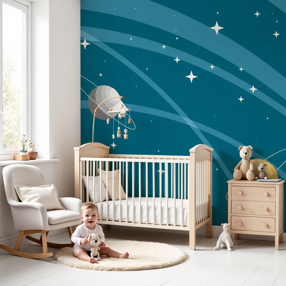 Space planets mural wallpaper creating cosmic atmosphere in modern kids bedroom by Kids-Mundo