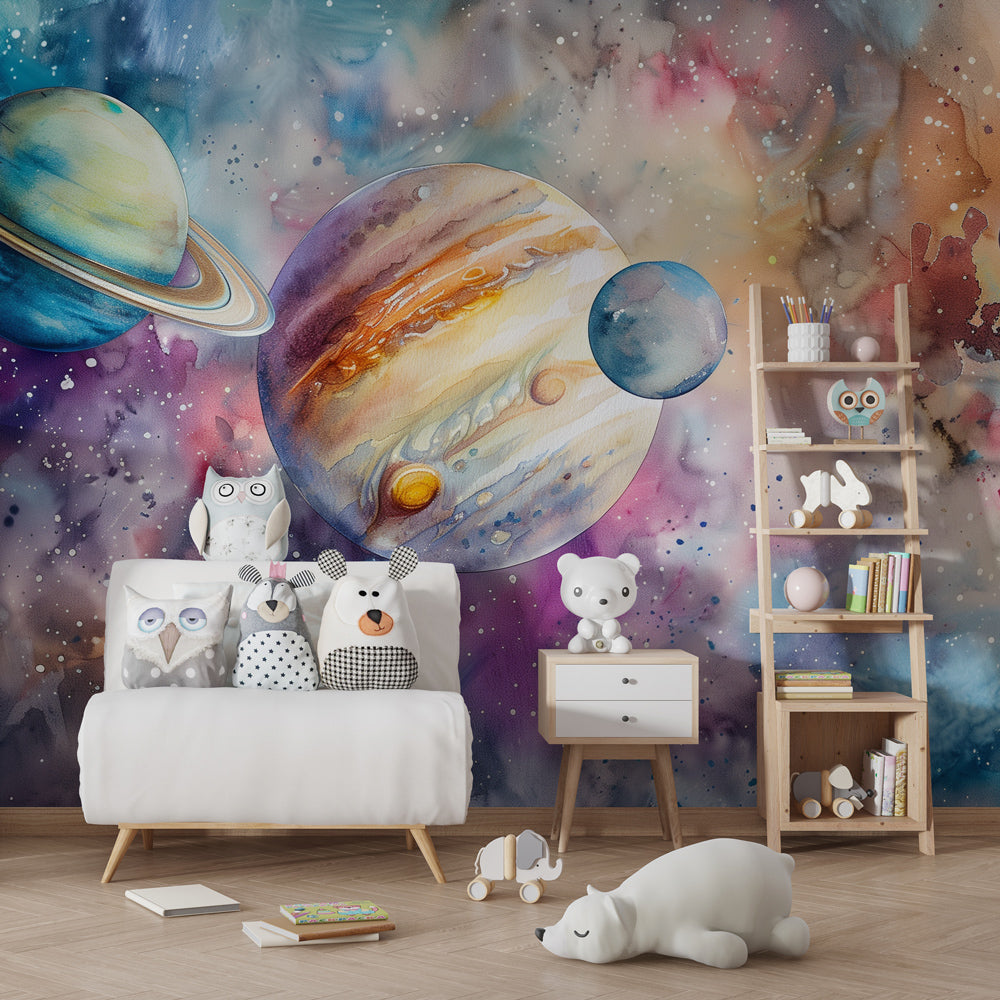 Multicolored planets wallpaper creating magical space theme in children's bedroom
