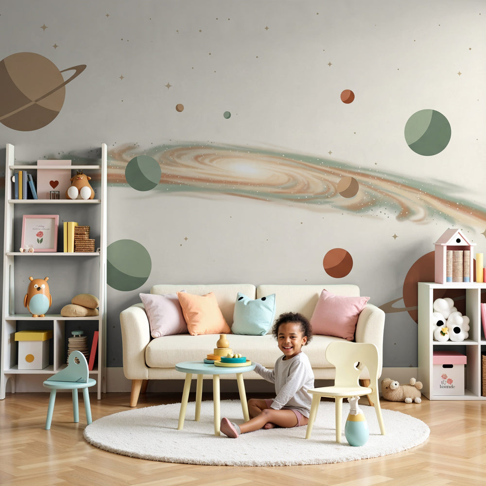 Space planets mural wallpaper creating cosmic nursery decor with floating planets and galaxies by Kids-Mundo