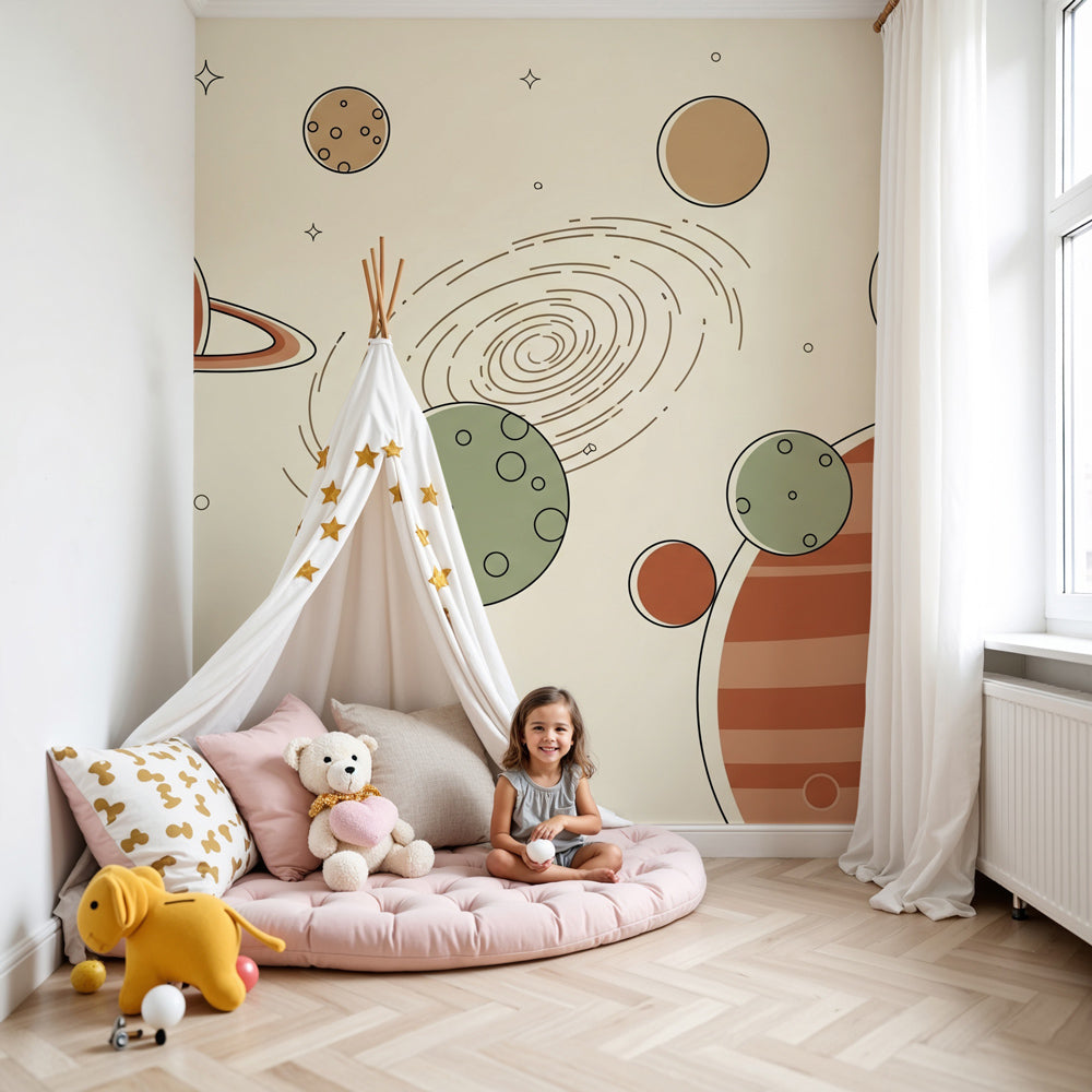 Space planets mural wallpaper in modern nursery with colorful cosmic design by Kids-Mundo