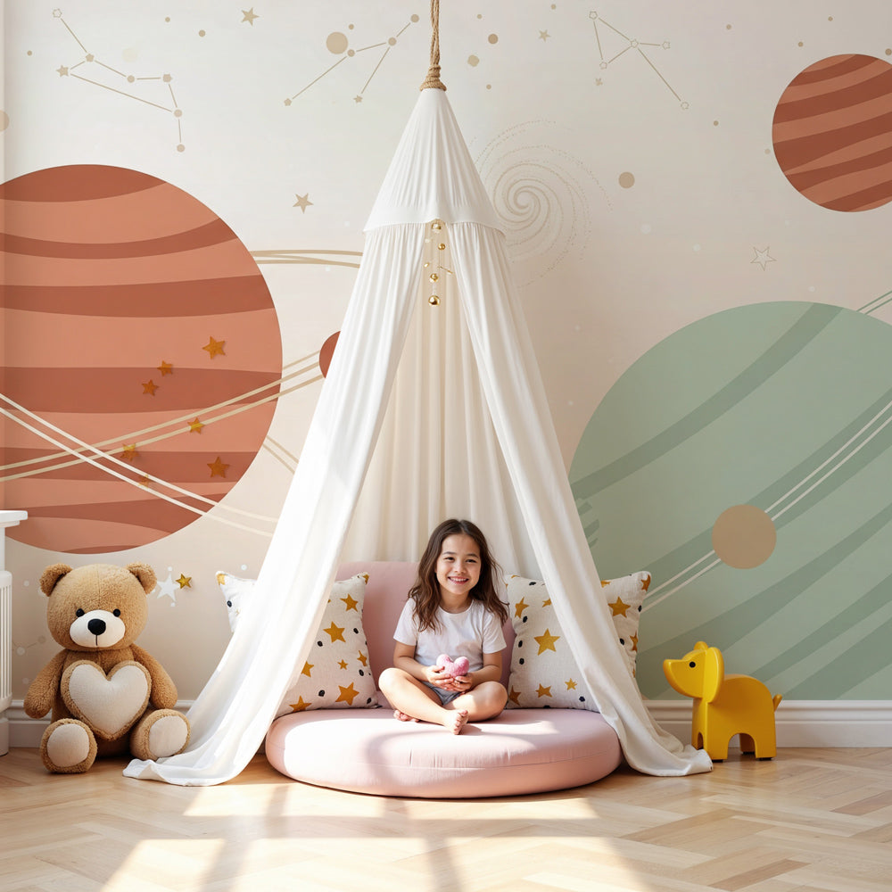 Space planets mural wallpaper creating cosmic nursery decor with colorful planets and stars by Kids-Mundo