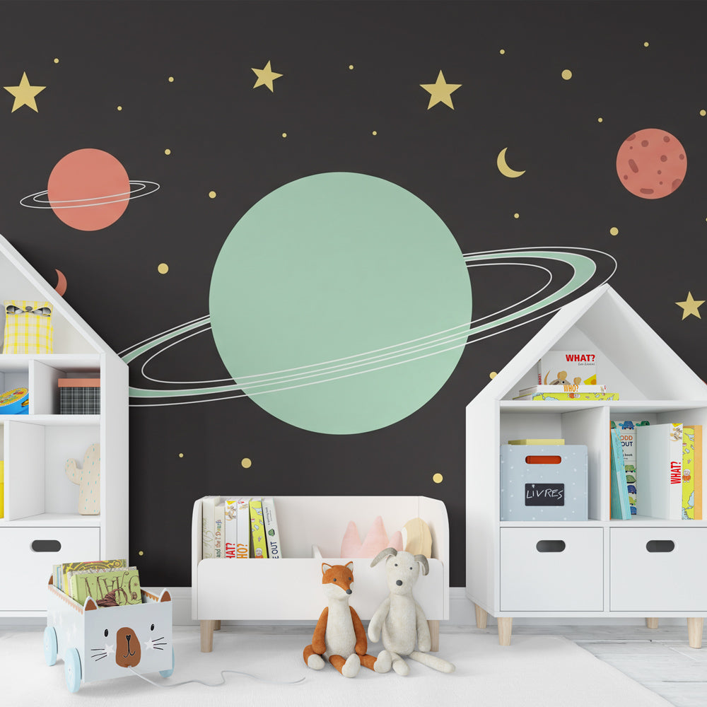Starry universe wallpaper with colorful planets decorating peaceful nursery room