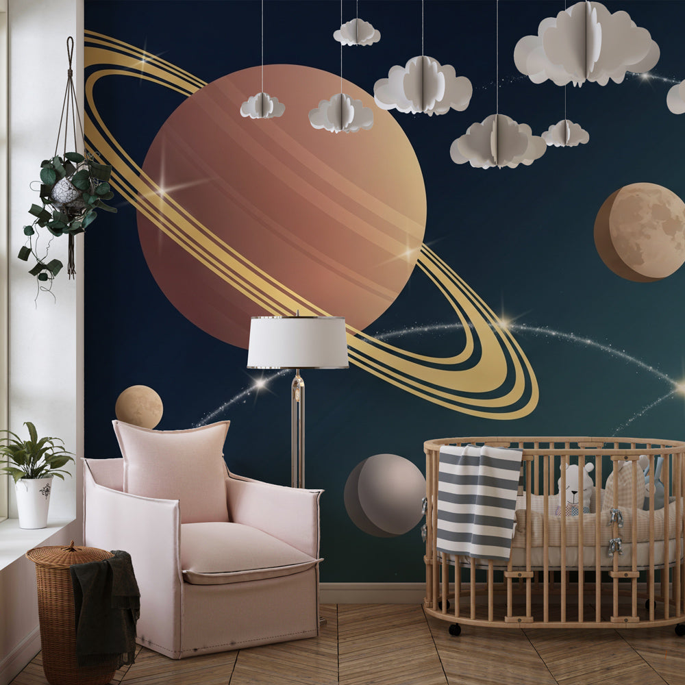 Cosmic planets and stars mural wallpaper creating dreamy nursery space decor