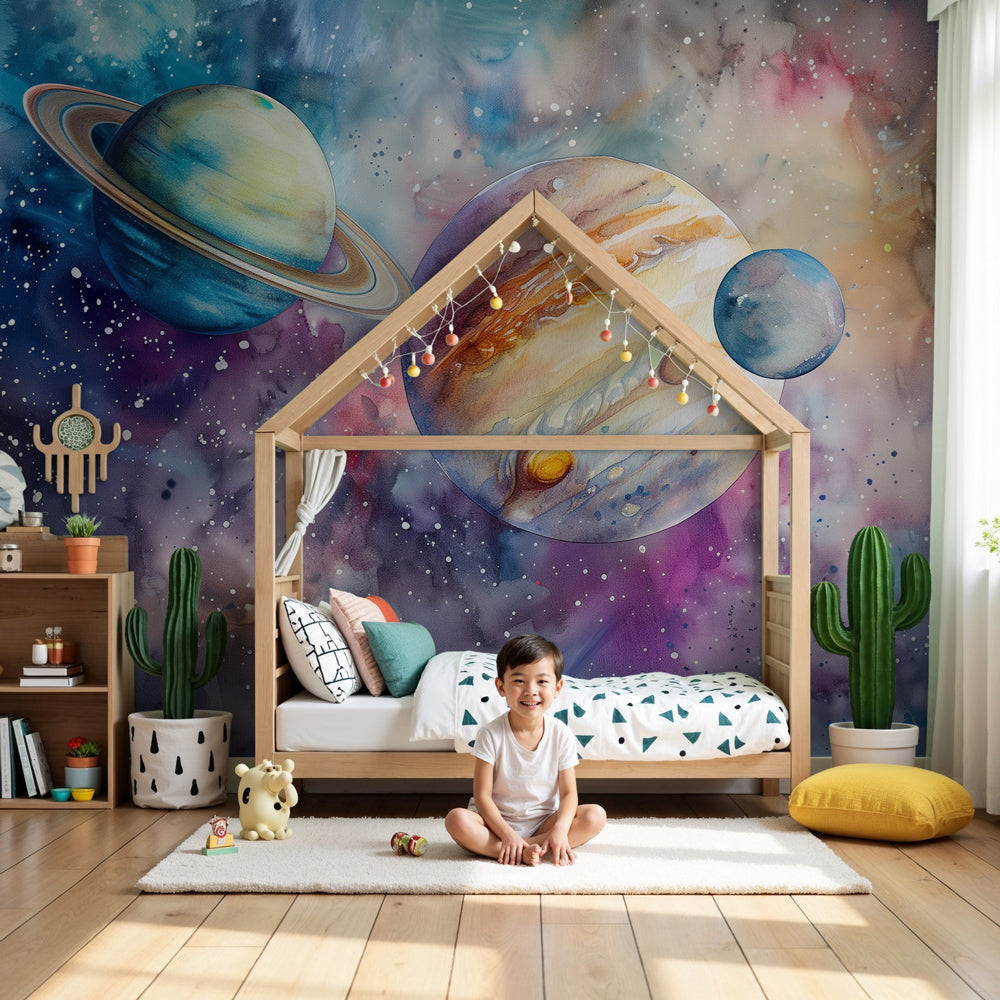 Watercolor space planets mural wallpaper in modern nursery with cosmic decor by Kids-Mundo
