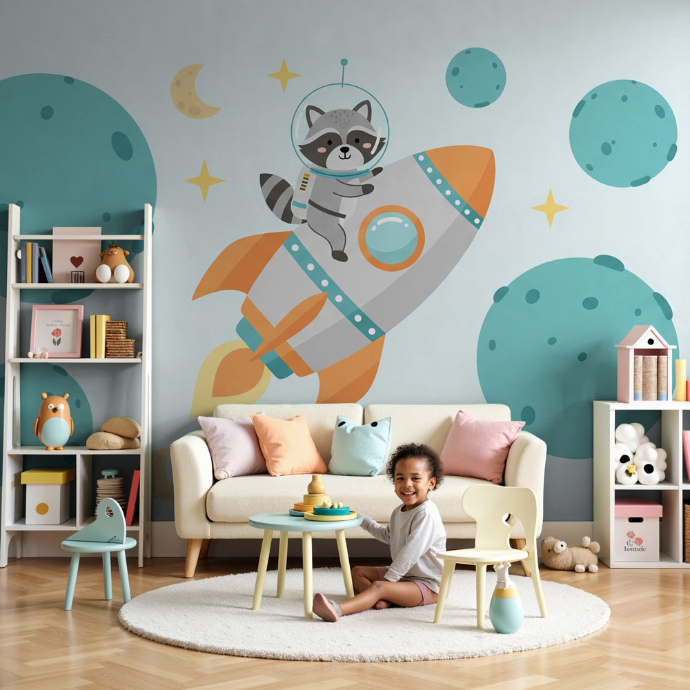 Space raccoon astronaut mural wallpaper in modern nursery with cosmic theme by Kids-Mundo
