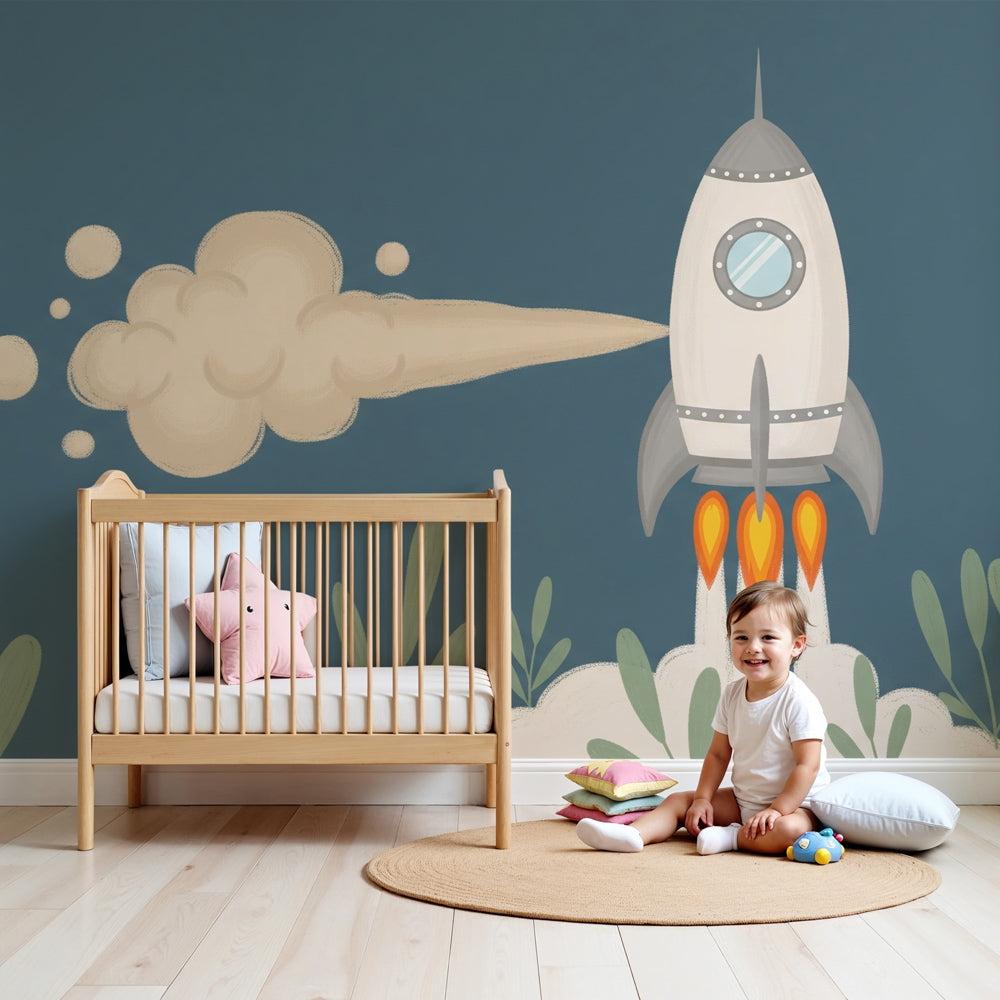 Space rocket mural wallpaper in modern kids bedroom creating cosmic adventure atmosphere by Kids-Mundo