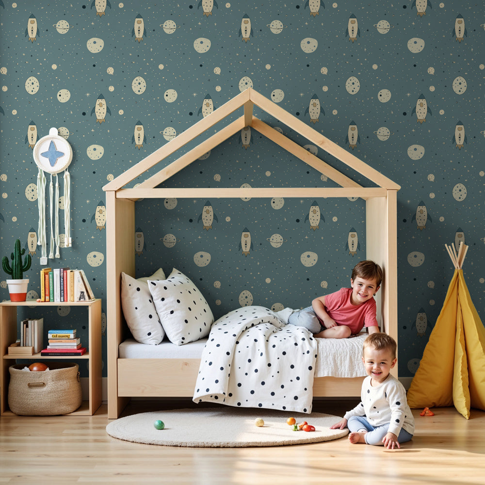 Space rocket mural wallpaper with blue planets in modern kids bedroom by Kids-Mundo