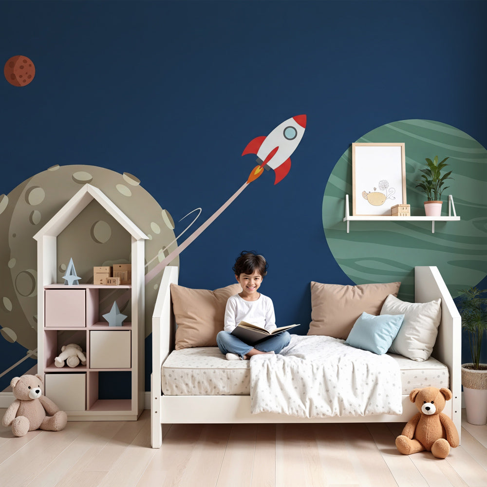 Space rocket mural wallpaper with planets and stars in modern kids bedroom by Kids-Mundo