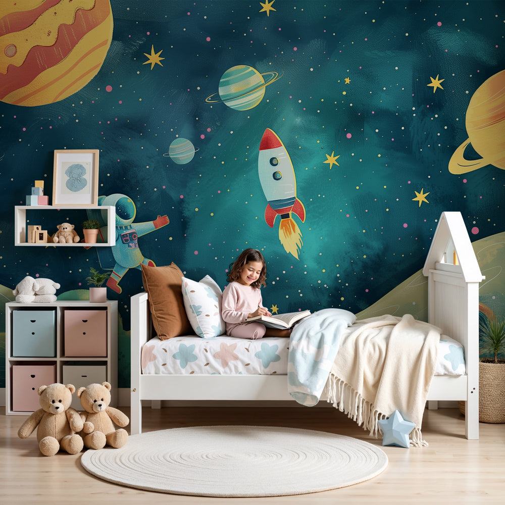Space rocket mural wallpaper with colorful planets in modern kids bedroom by Kids-Mundo