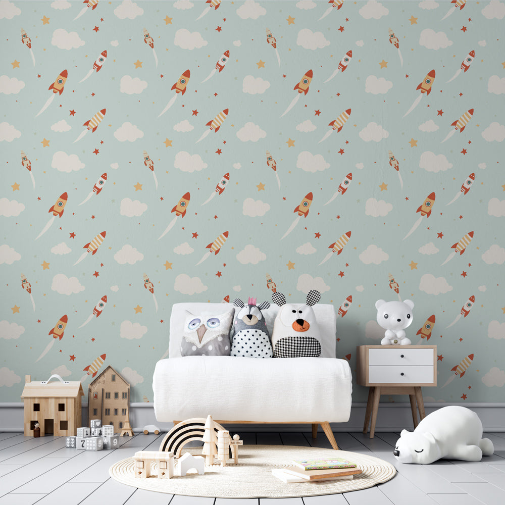 Colorful rocket wallpaper transforming kids bedroom with playful space theme and soft cloud motifs